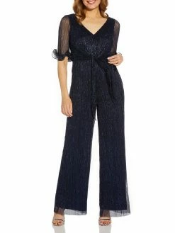 Promo 🎁 Adrianna Papell 👩 Womens Tie Waist Metallic Jumpsuit 👏