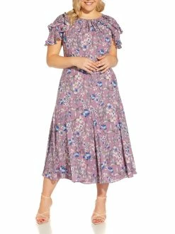 New ⭐ Adrianna Papell Plus 👩 Womens Ruffled Trim Long Midi 👗 Dress 🧨