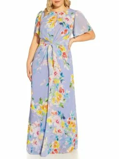 Best Pirce 💯 Adrianna Papell Plus 👩 Womens Chiffon Floral Print Evening 👗 Dress 🛒
